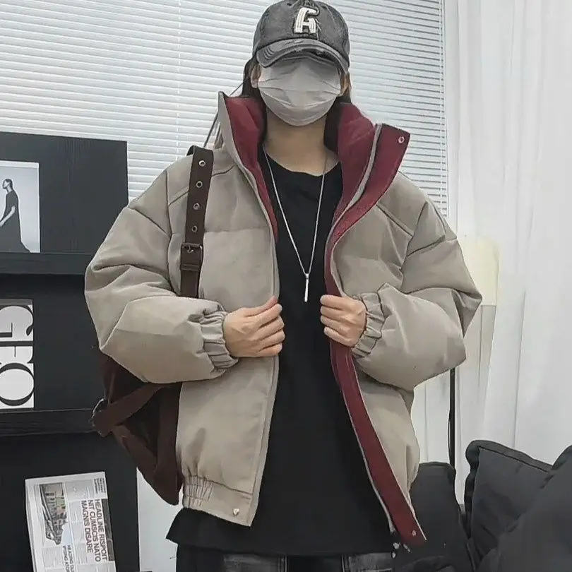 American new thickened down jacket stand-up collar large size casual men's jacket youth PU leather winter warm coat