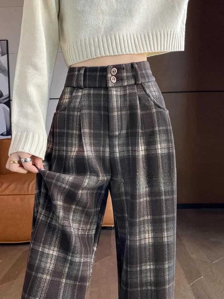 

Широкие брюки цвета хаки для женщин, осенне-зимние, из шерстяной ткани, в клетку, повседневные, с высокой талией, свободного кроя, струящиеся