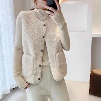 Short Lamb Fur Vest 2025 Autumn Winter Loose Korean Style Integrated Leather And Fur Jacket round Ne