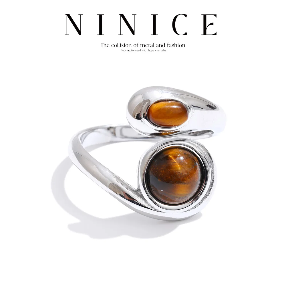 NiNice Größe 8 Edelstahl-Ring mit natürlichem Tigerstein, modischer, hochwertiger Fingerschmuck für Damen