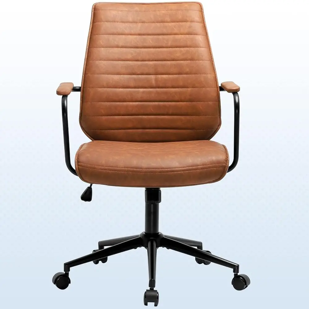 

Brown Executive Office Chair Adjustable Leather Mid Ba Swivel Office Desk Chair With Padded Armrest 400Lbs Load-Bearing