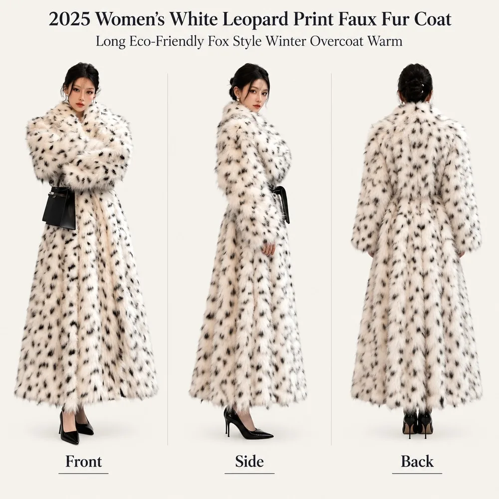 Women's White Leopard Print Fur Coat Long Fox Style Winter Overcoat Warm Thick Natural Fox Fur Jacket Lurxury Party Outwerar