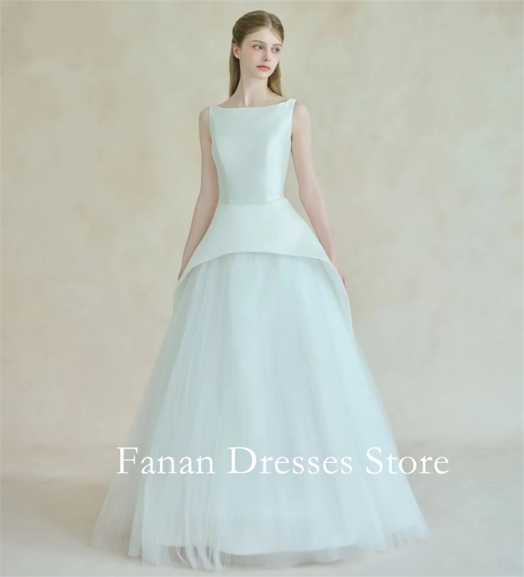 FANAN Boat Neck Ruched Elegant Bride Dresses A-Line Sleeveless Lace-up Satin Puffy Skirt  Wedding Dresses 웨딩드레스 Ivory Custo