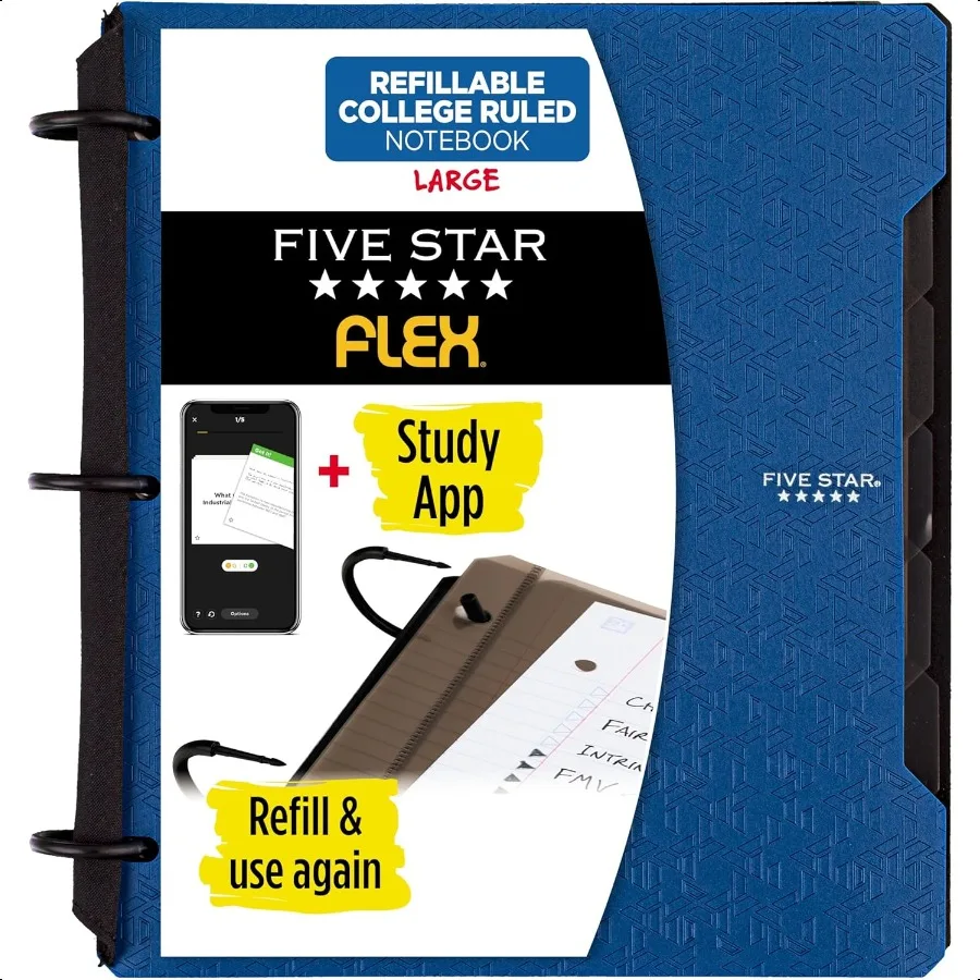 

Flex Refillable Notebook + Study App College Ruled Paper and 1 Inch TechLock Ring Binder with Pockets Tabs and Dividers 200 She