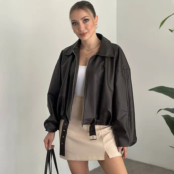 Fashion Leather Jacket Women's Vintage Faux Leather Bomber Jacket Solid Zipper Lapel Long Sleeves Autumn Retro High Street Coat 1