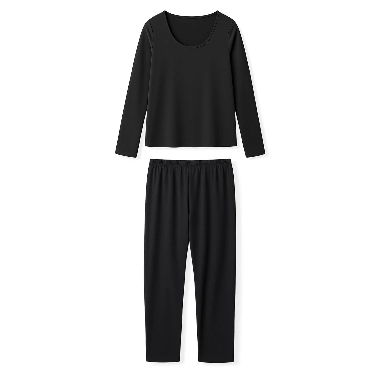 Womens Thermal Underwear Warm Black Crew Neck Long Sleeve Tops and Leggings 2 Pcs Set