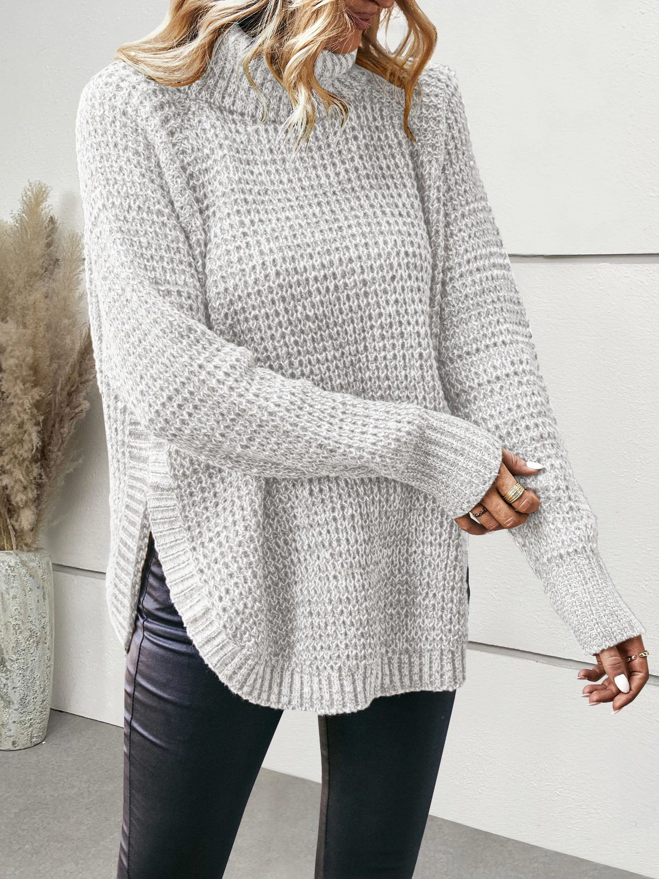 Women Turtle Neck Lantern Long Sleeve Jumper Tops Oversized High Side Split Knit Sweater Trendy Slouchy Chunky Pullover