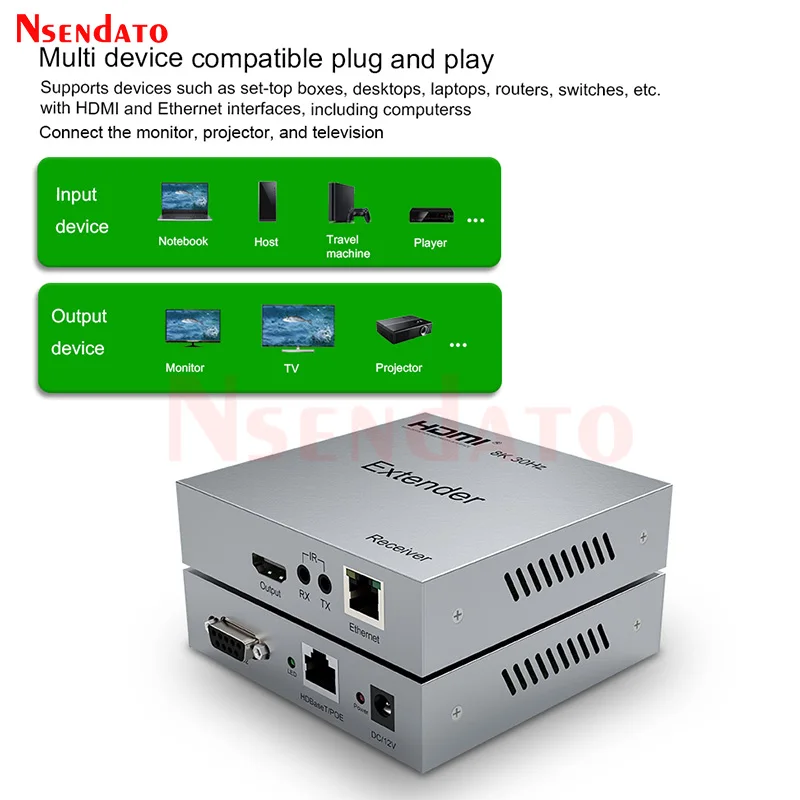 8k 30 هرتز HDBaseT HDMI موسع 100 متر عبر Cat6/6a 4k 120 هرتز hdbaset موسع HDMI جهاز إرسال واستقبال الفيديو موسع لتلفزيون الكمبيوتر