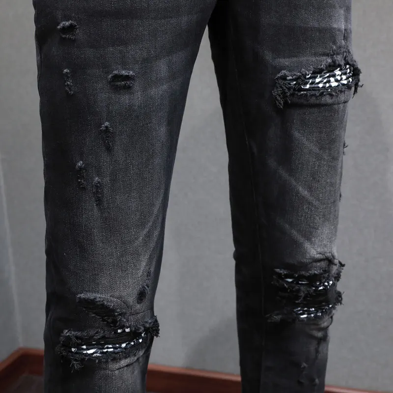 y2k new men's jeans washed nostalgic stretch slim fit painted perforated cashew flower patch black jeans high street hip