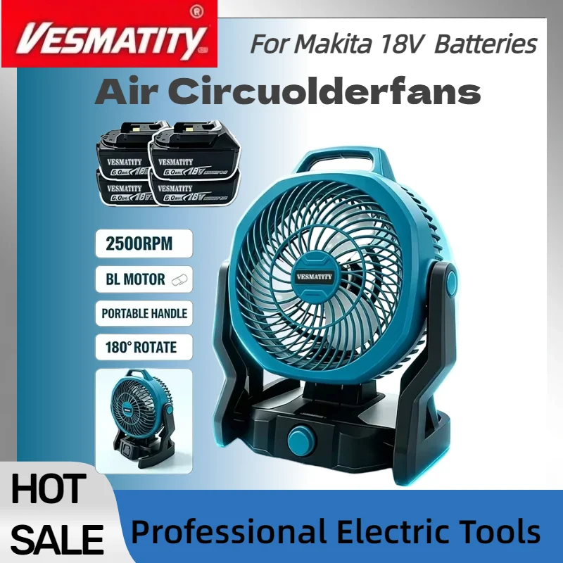 Cordless Rechargeable Electric Fan Outdoor Camping Air Circulator with Rotatable Head Tent Fan  For Makita Battery
