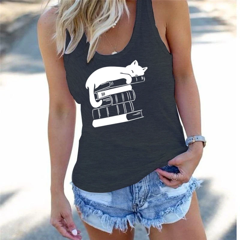 Camisola regata feminina racerback, gato de livro gráfico tops curtos, gato feminino presente proprietário, amantes da leitura moda sexy tops, moda, verão