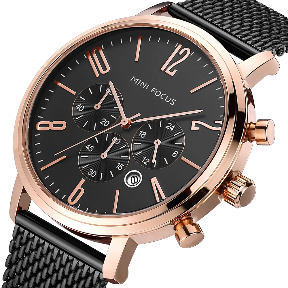 Mini Focus MF0183G Orologio da polso multifunzione Maglia blu Cinturino in acciaio inossidabile Cronografo impermeabile Orologi al quarzo da uomo di moda