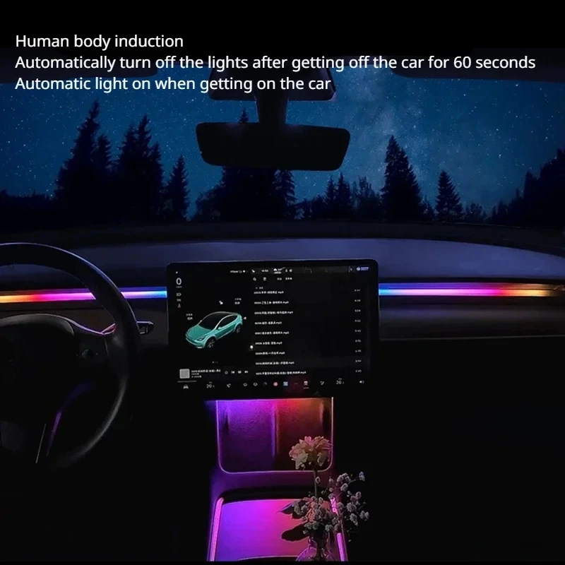 Console centrale cruscotto luce di ricarica Wireless per Tesla Model 3 Y 64 colori RGB Neon LED lampada ambientale USB Power APP Controller