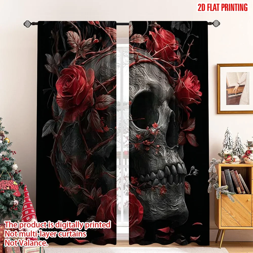 2pcs 2D flat printing Merry Christmas Curtains Skeleton Rose Art Digital Printed Polyester Drapes Festive Holiday for Bedroom