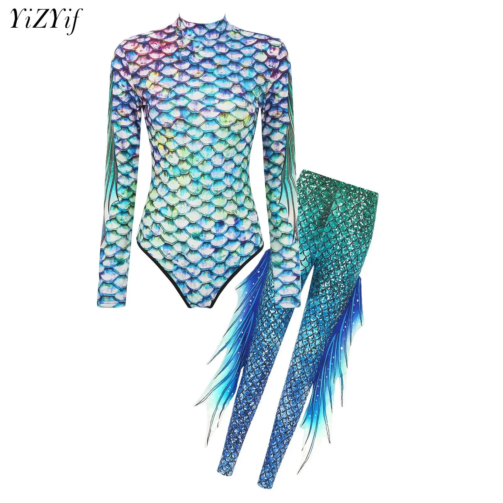 

Womens Fish Scales Print Mermaid Roleplay Jumpsuit with High Waist Tights Suit for Halloween Party Masquerade Uniforms Dress Up