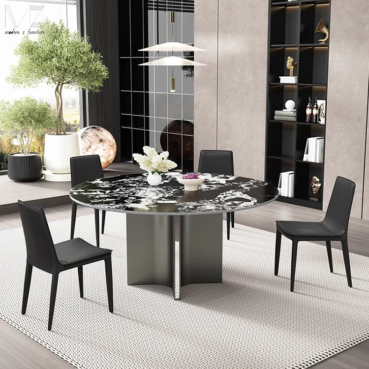 Luxury Kitchen Table Black Steel Base Sintered Stone Marble 4 Chairs Round Dining Table Set With Rotating Centre
