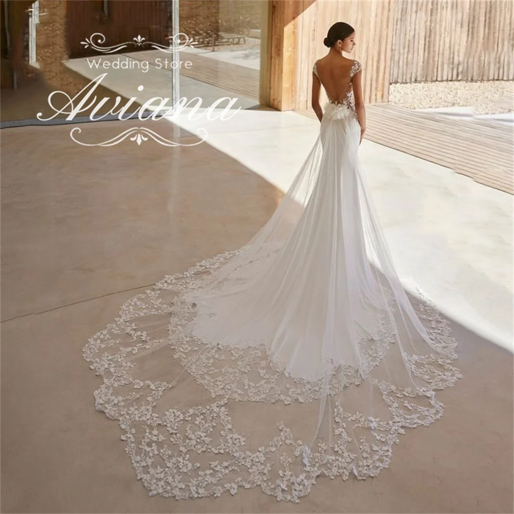 Aviana Personalizzato O-Collo Abito da sposa a sirena Sweep Train Fiore Ricamo Applicazioni in pizzo Backless Perline di lusso Elegante 2025