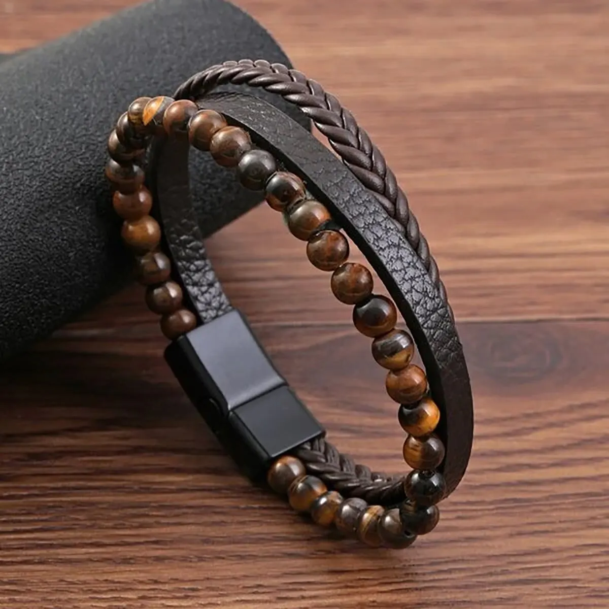 Multi -Style Volcanic Stone Or Tiger Eye Stone Plus PU Leather Three -Layer Men's Bracelet Business Leisure Gift Given To Men