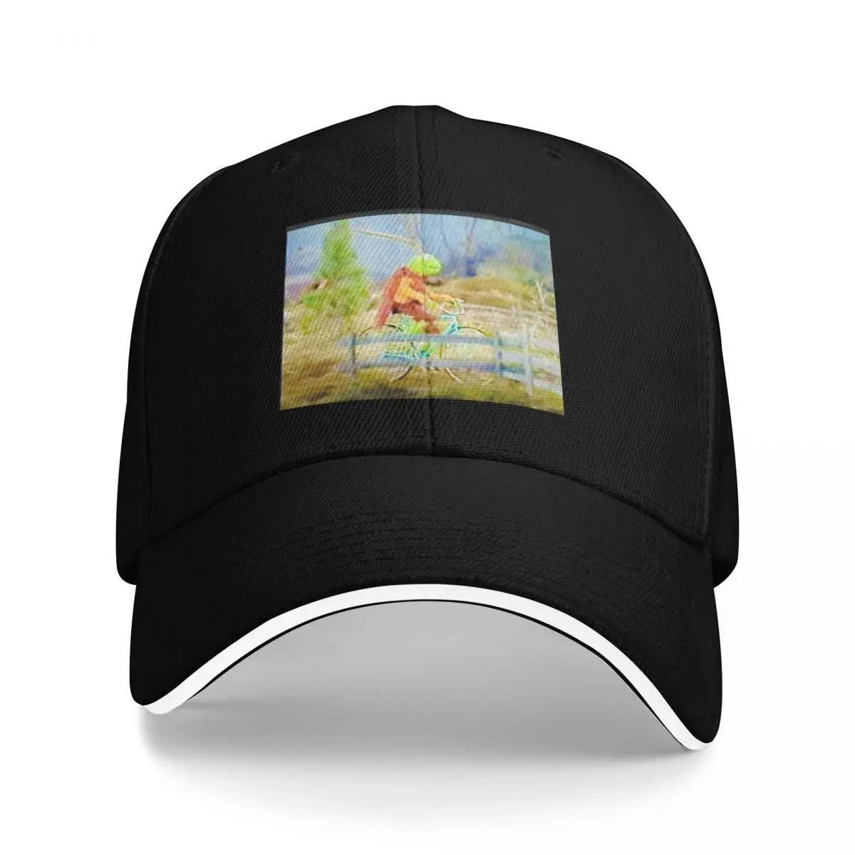 Kermit riding his bicycle on Emmet Otter's Jug Band Christmas Baseball Cap Streetwear birthday Baseball For Men Women's