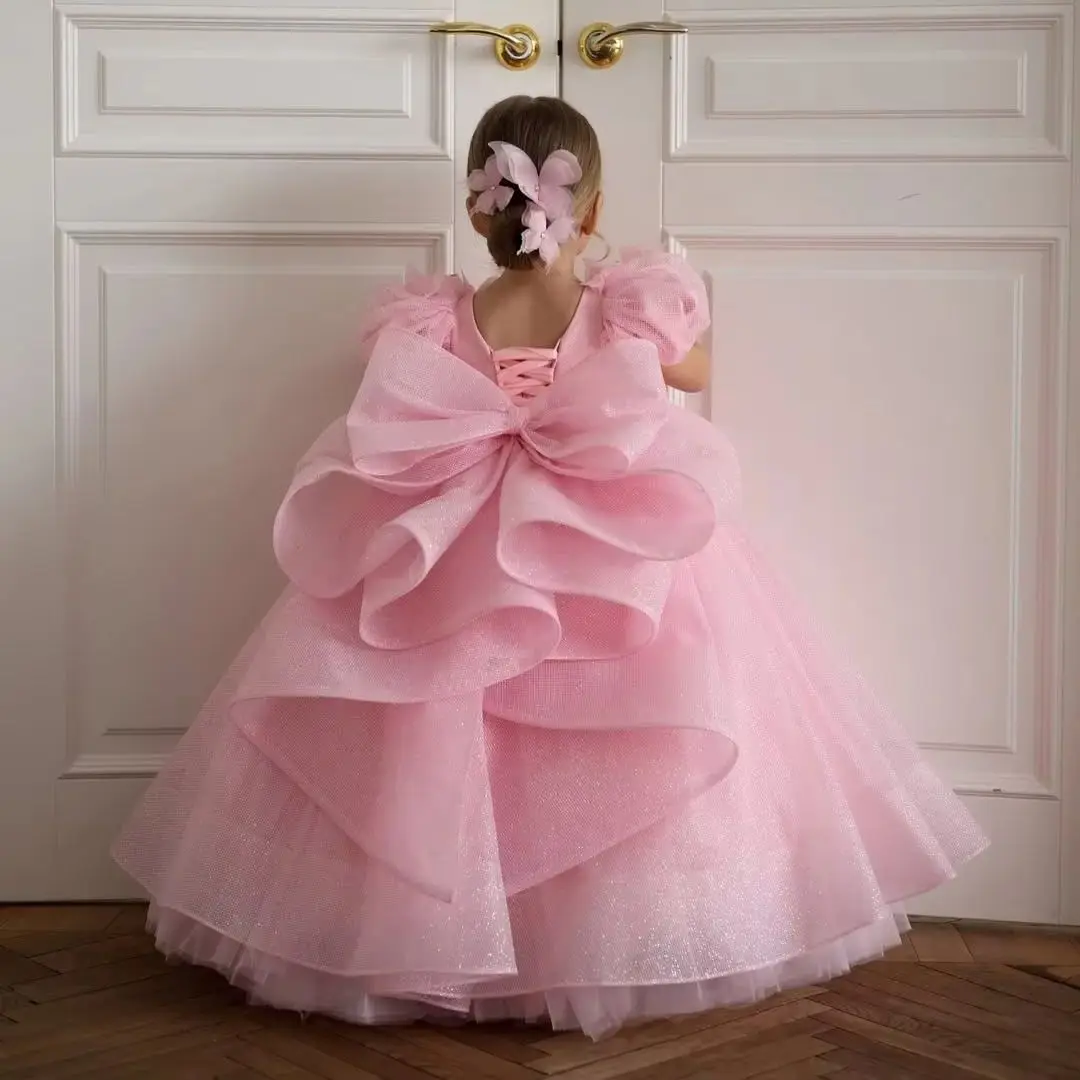 Puffy Pink Bow Flower Girl Dresses Ball Gown Tulle Children Birthday Party Gowns Little Girls Infant Baby Dresses