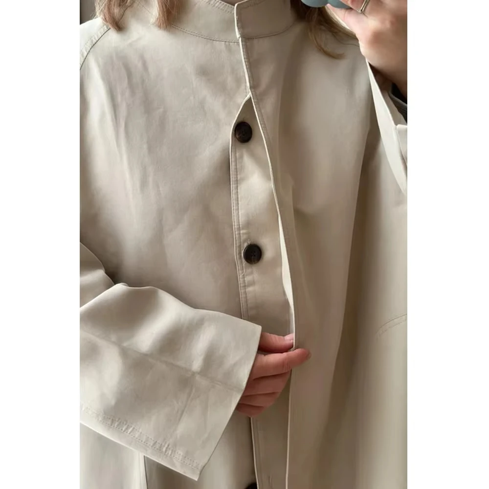 Stand Neck Long Trench Coat Women Spring Casual Turn-down Collar Single-breasted Trench Coat view 2