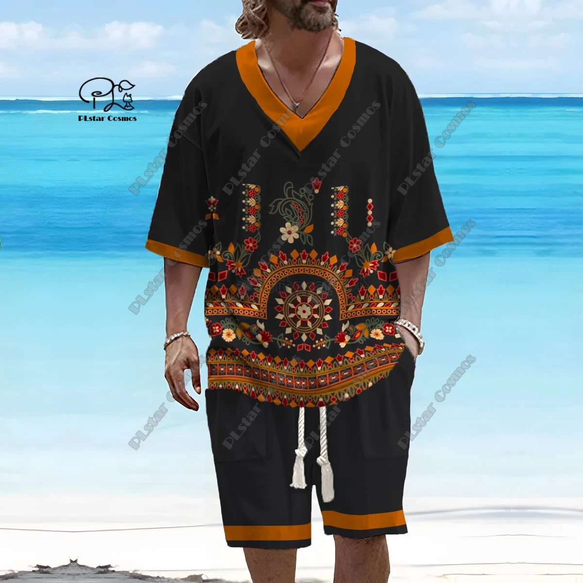 PLstar Cosmos 3D printed new men's V-neck gradient retro pattern short sleeved shorts T-shirt suit casual series T-25