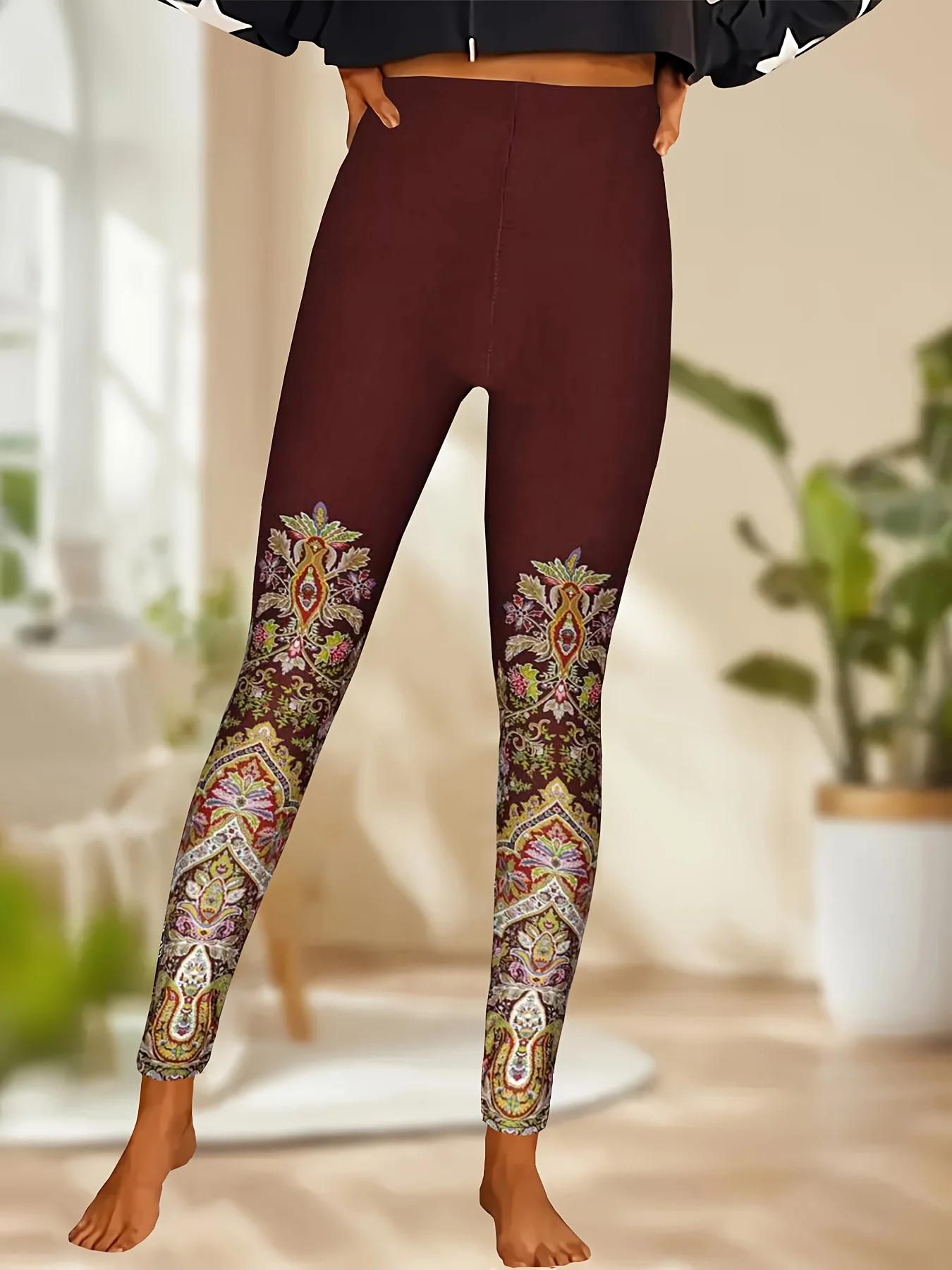 Women Mid‑Waist Fleece Lined Leggings, Burgundy Ethnic Floral Printed Ankle, Slim Warm Bohemian Casual Daily Pants