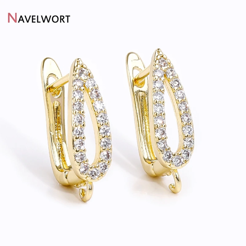 18K Gold Plated Brass Droplet Earring Hooks,Inlaid Zircon Teardrop Earwires Earring Fixtures For Earring Making Accessories