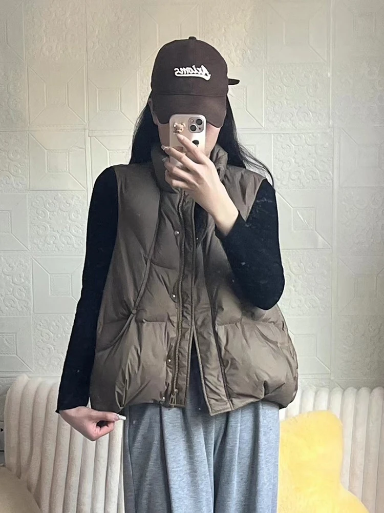 

Autumn Winter Lightweight Stand Collar Down Vest Female Solid Zipper Waistcoat Outwears Women White Duck Down Sleeveless Vest