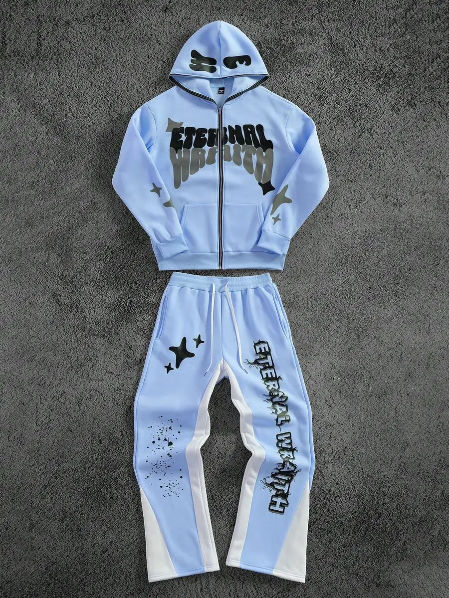 

Light Blue Graphic Print Zip Hoodie And Jogger Pants Set For Men, Warm Fleece Lined Tracksuit Autumn Winter