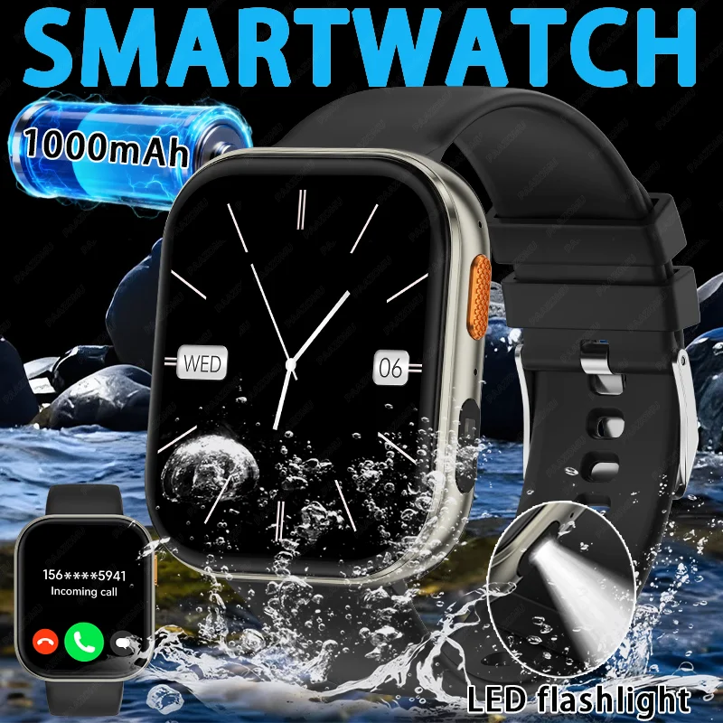 

2025 New 2.04inch Military SmartWatch 1000 Mah Battery LED flashli TrackingTactics Sport Flashlight call Bracelet For Men female