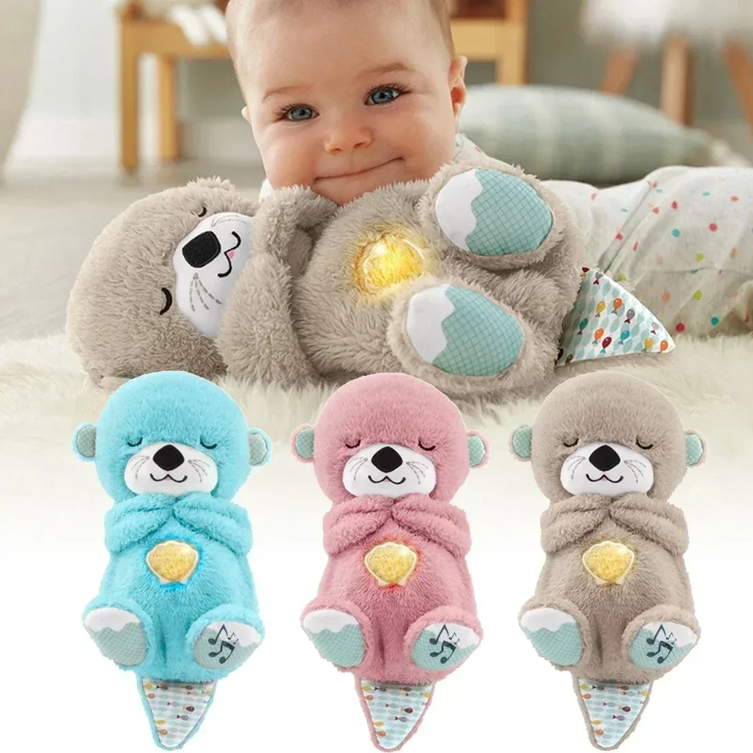 Baby Breathing Bear Baby Soothing Otter Plush Doll Toy Baby Kids Soothing Music Sleeping Companion Sound and Light Doll Toy Gift