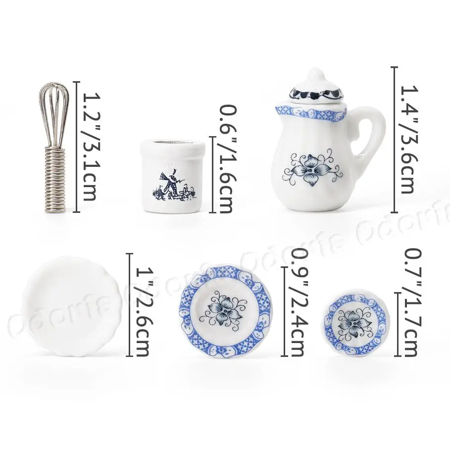 Odoria-Service de tasses à thé en porcelaine avec pétales bleus miniatures, assiettes, couverts, ustensiles de cuisson, maison de courses, accessoires de cuisine, britware, 1:12