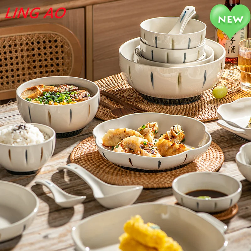 LingAo-Japanese Ceramic Tableware, Light Luxury Creative Soup Bowl, Fish Plate, Household Dish