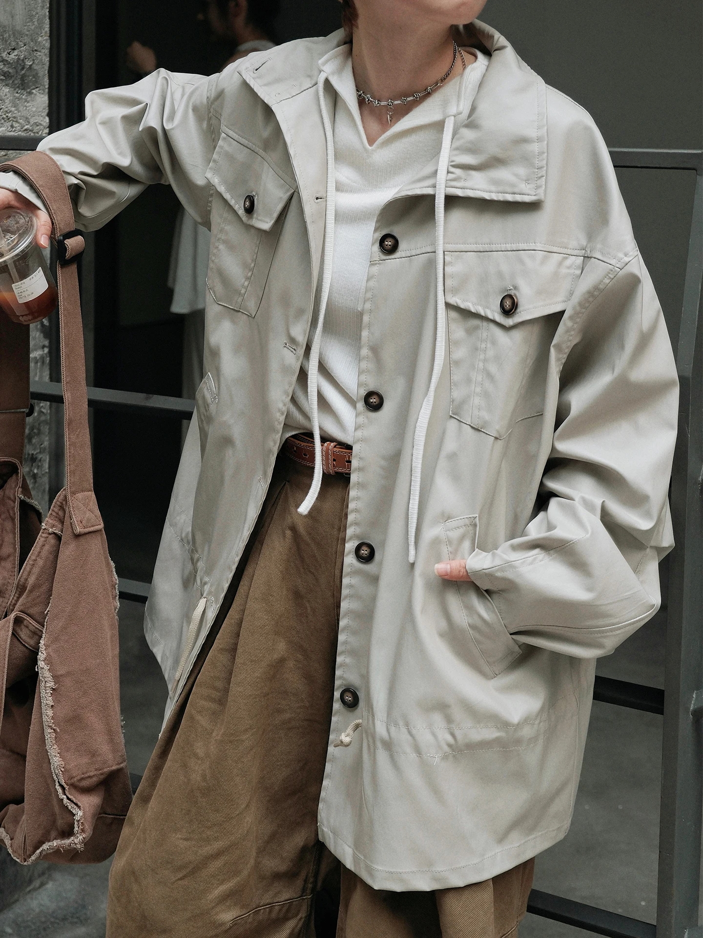 STILLYOU Original Retro Stand Collar Faux Leather irt Sle Jaet Loose Thin Medium Length Coat for Women Polyester Fiber