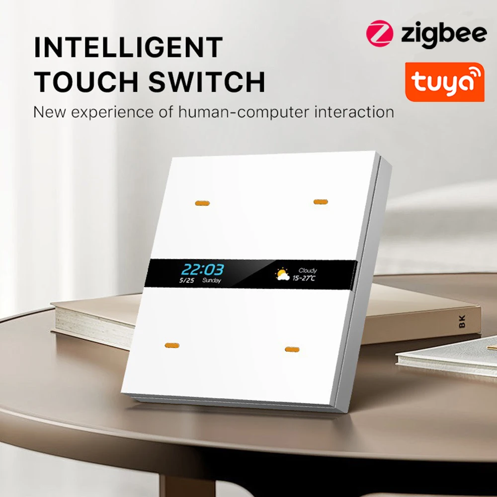 

Умный переключатель освещения Zigbee, настенный переключатель из алюминиевого сплава, 4 группы, 86, панель переключателей с дисплеем погоды и времени, Smart Life