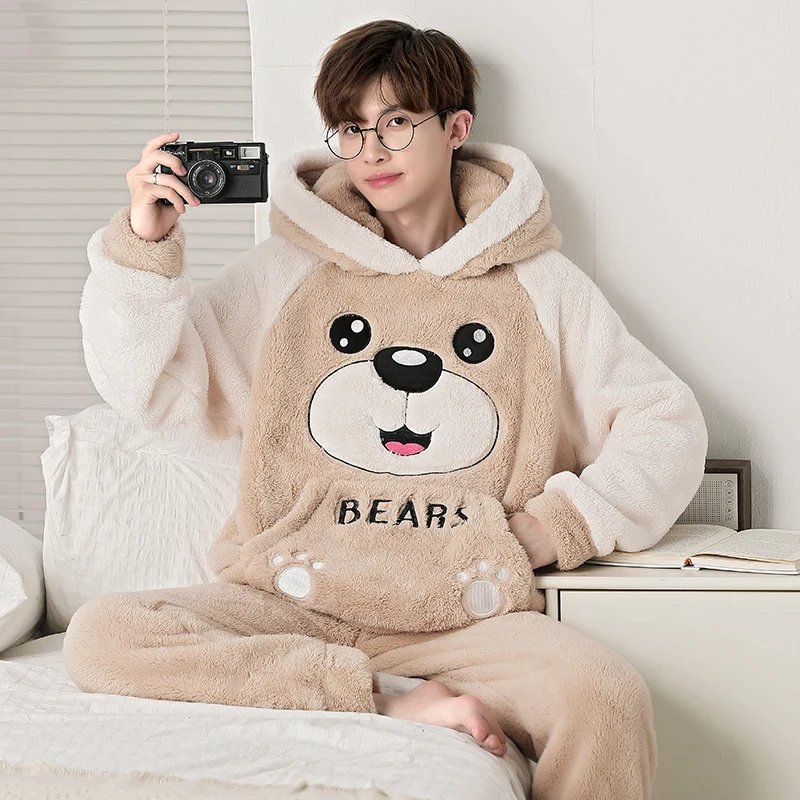 New Arrival Pajamas For Men Winter Warmth Male Sleepwear  Man Homewear Autumn Young Thick Coral Fleece Homewear Sets Loungewear