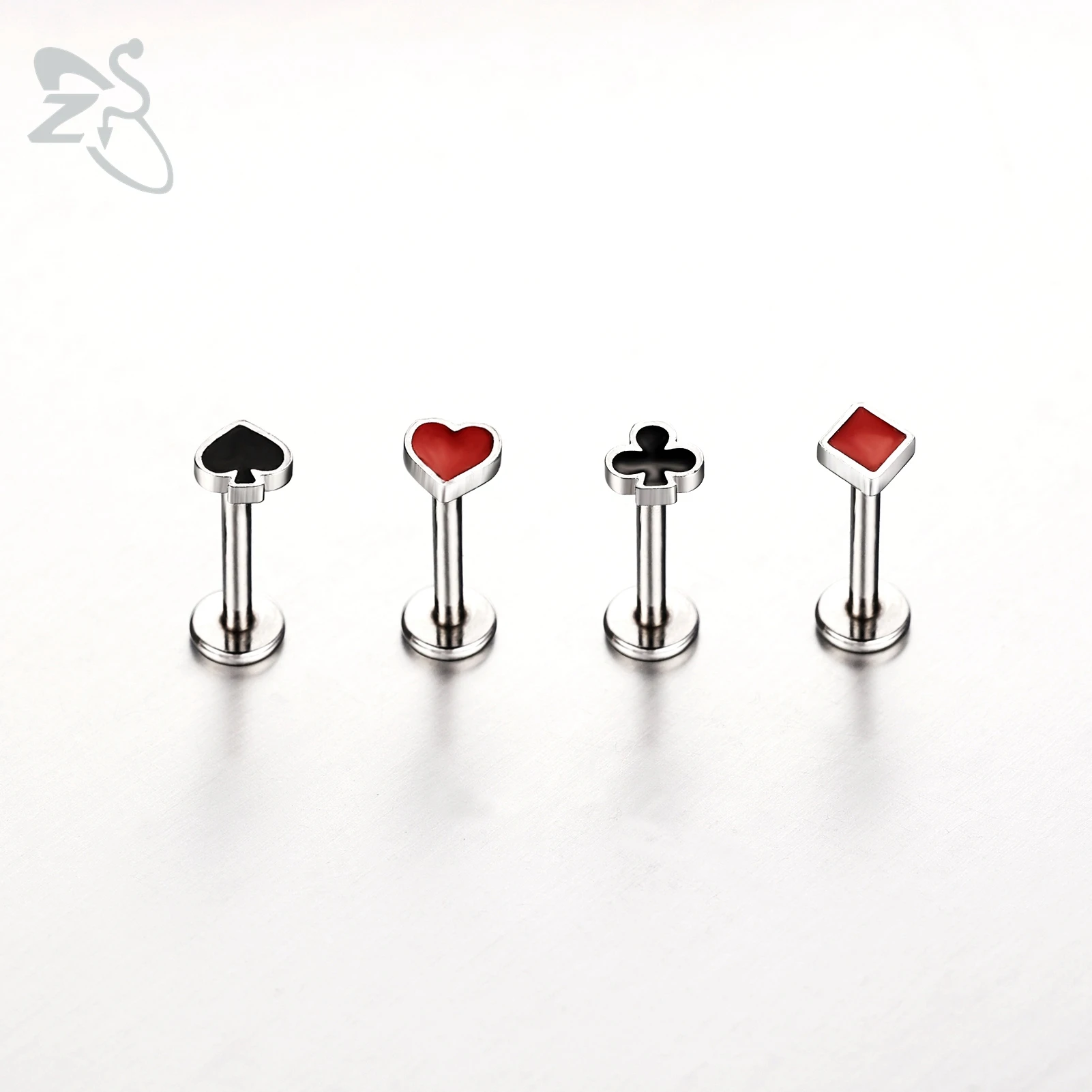 ZS 1 조각 16G 스테인레스 스틸 Labret 립 피어싱 스페이드 하트 다이아몬드 클럽 모양 귀 연골 Tragus 헬릭스 피어싱 6MM/8MM