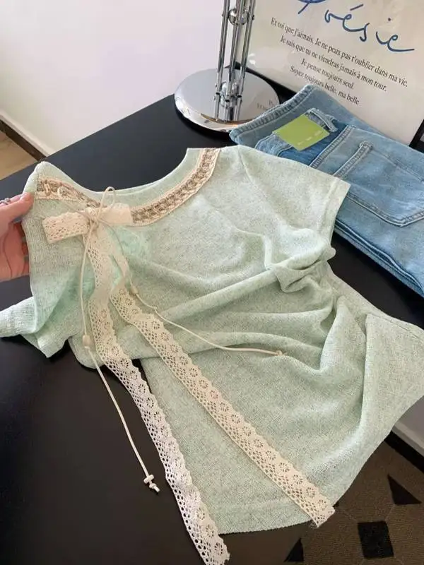 

Women Clothes T Shirts for Women New Summer High-end Designed Niche Temperature Pure Hot Girl Style Lace Bow Short-sleeved Top