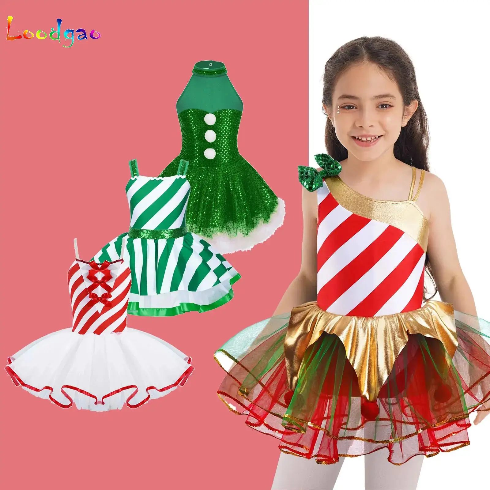 Girls Candy Cane Christmas Dance Dress Striped Sequins Mesh Tutu Ballet Leotard Figure Skating Dress Stage Performance Costume