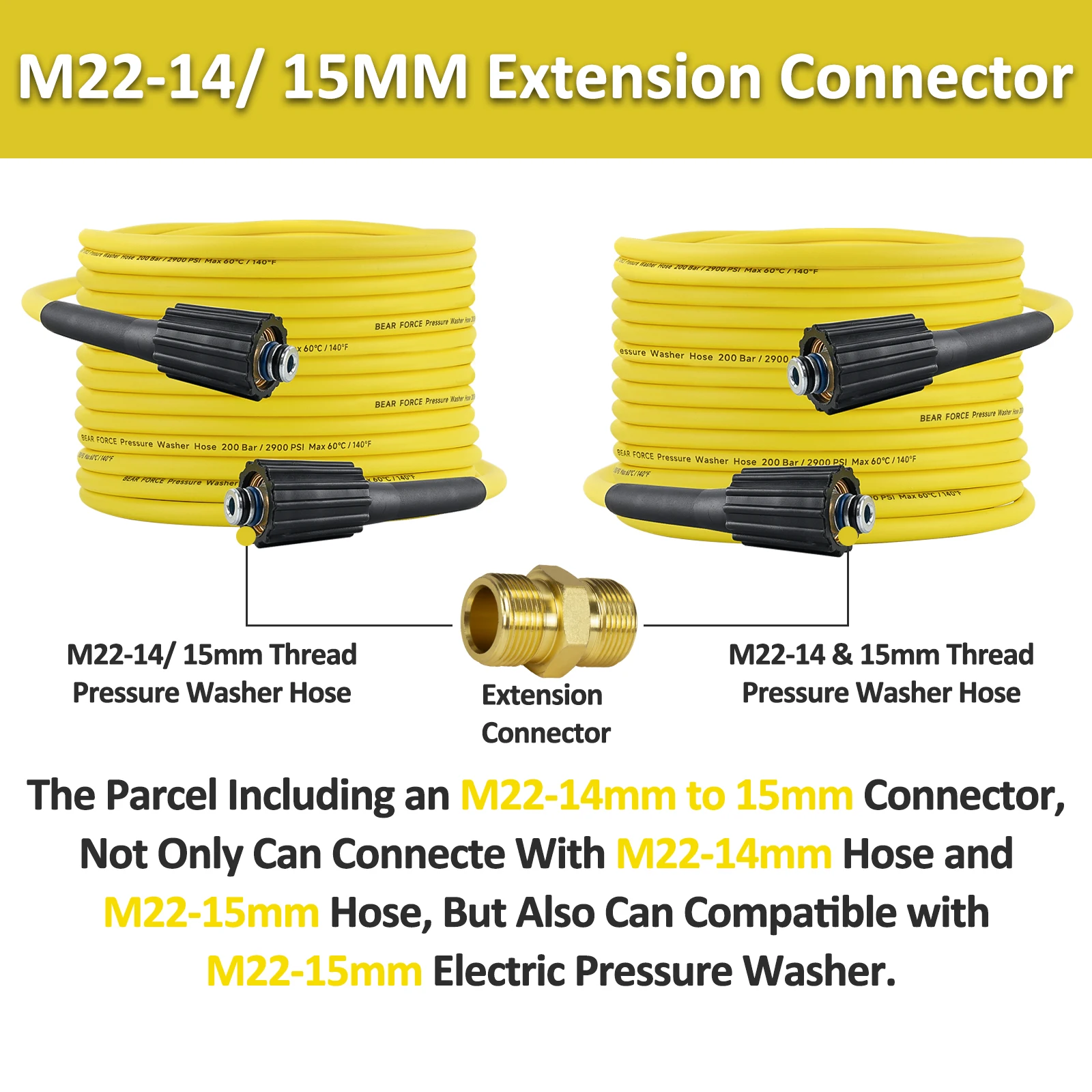 Soft Flexible High Pressure Washer Water Hose with M22-14/ 15mm Fitting 1/4' X 10M/ 15M & 200Bar, Kink Resistant Extension Hose