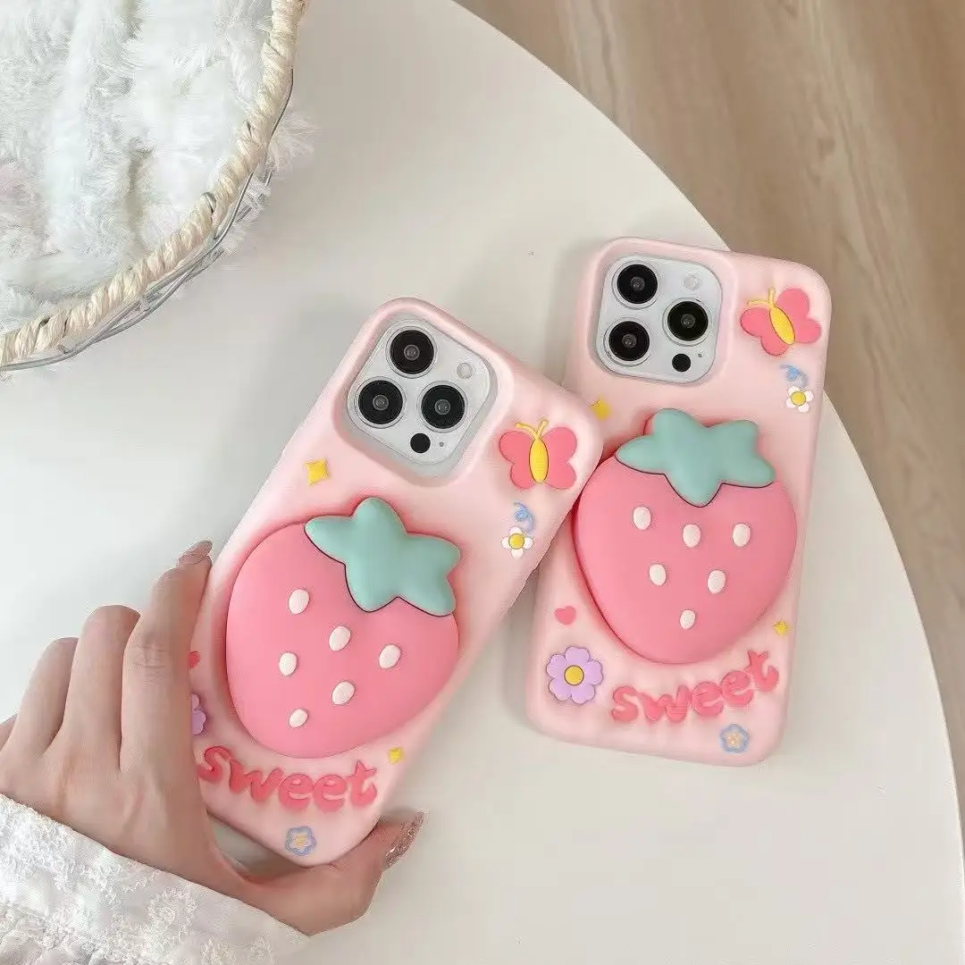 

Cute Sweet Strawberry Silicone Phone Case For iPhone 16 17 15 14 13 Pro Max 14 15 Plus Shockproof Back Cover With Stand Holder