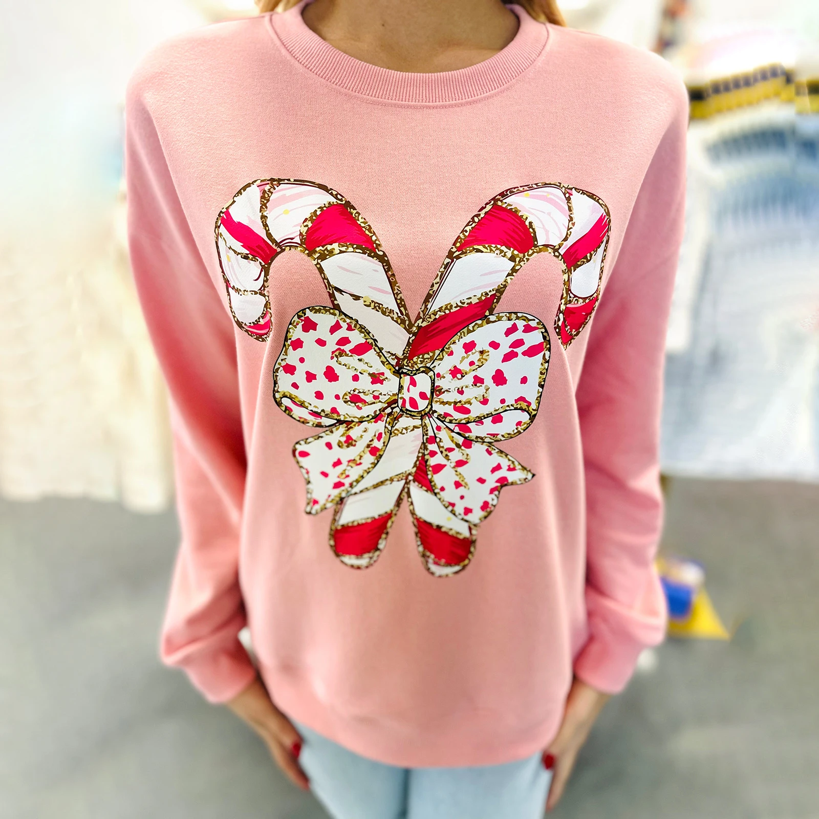 بلوزات عيد الميلاد النسائية طويلة الأكمام طاقم الرقبة القوس كاندي قصب طباعة هوديي البلوز ل عارضة جولة الرقبة الأزياء السترة