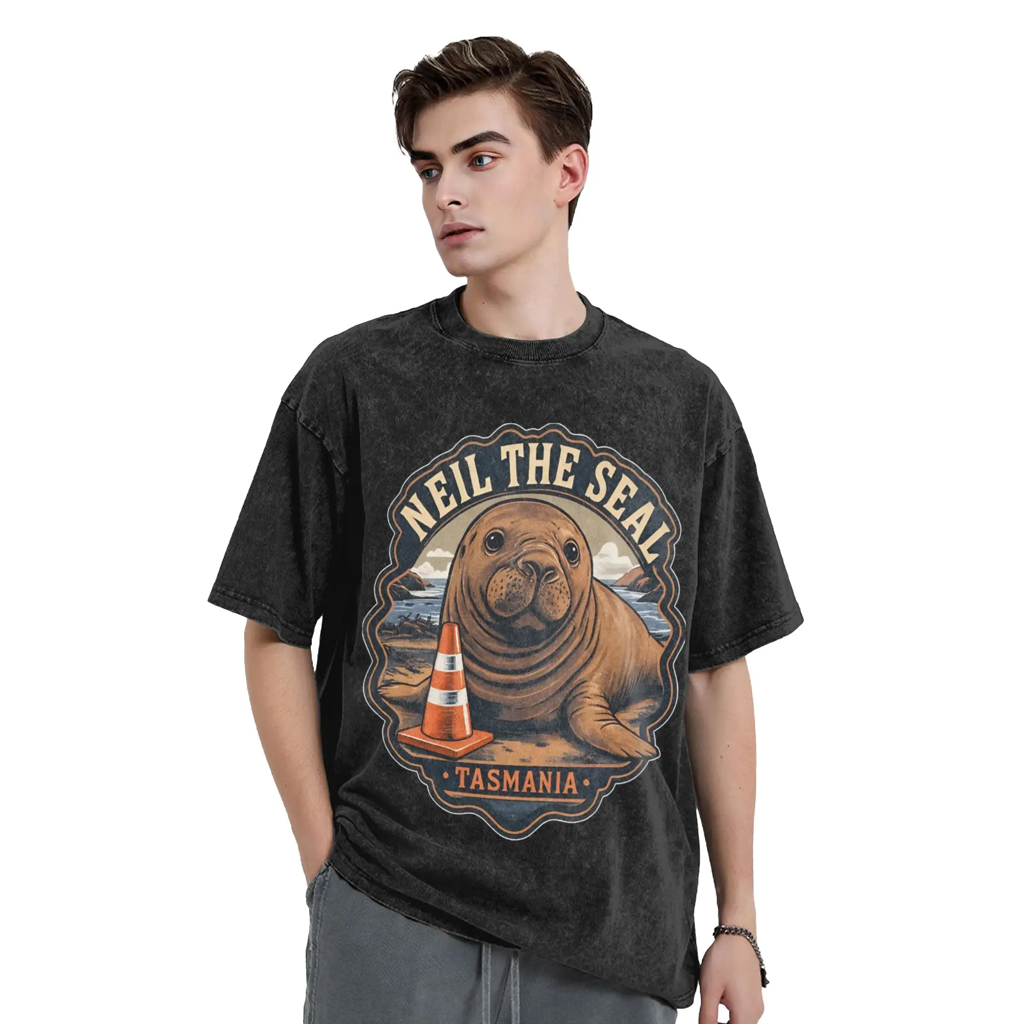 Washed T Shirt Neil the Seal Funny Viral Ocean Animal Illustration Cool T-Shirt Oversize  Streetwear Summer Tops Tees Men Women