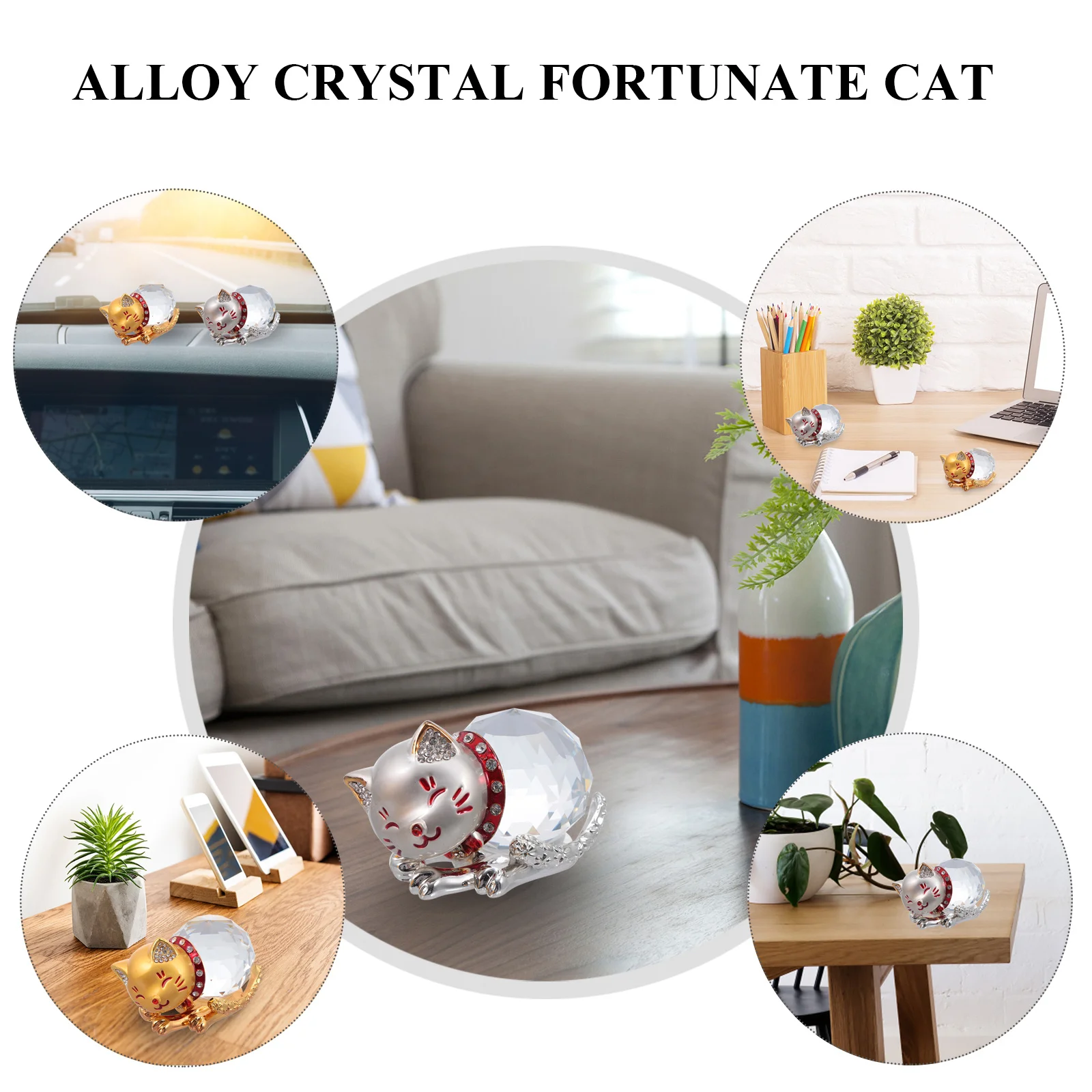 

2Pcs Cat Decorative Statues Cute Crystal Money Cat for Car Interior Dashboard Decoration Living Room Gift