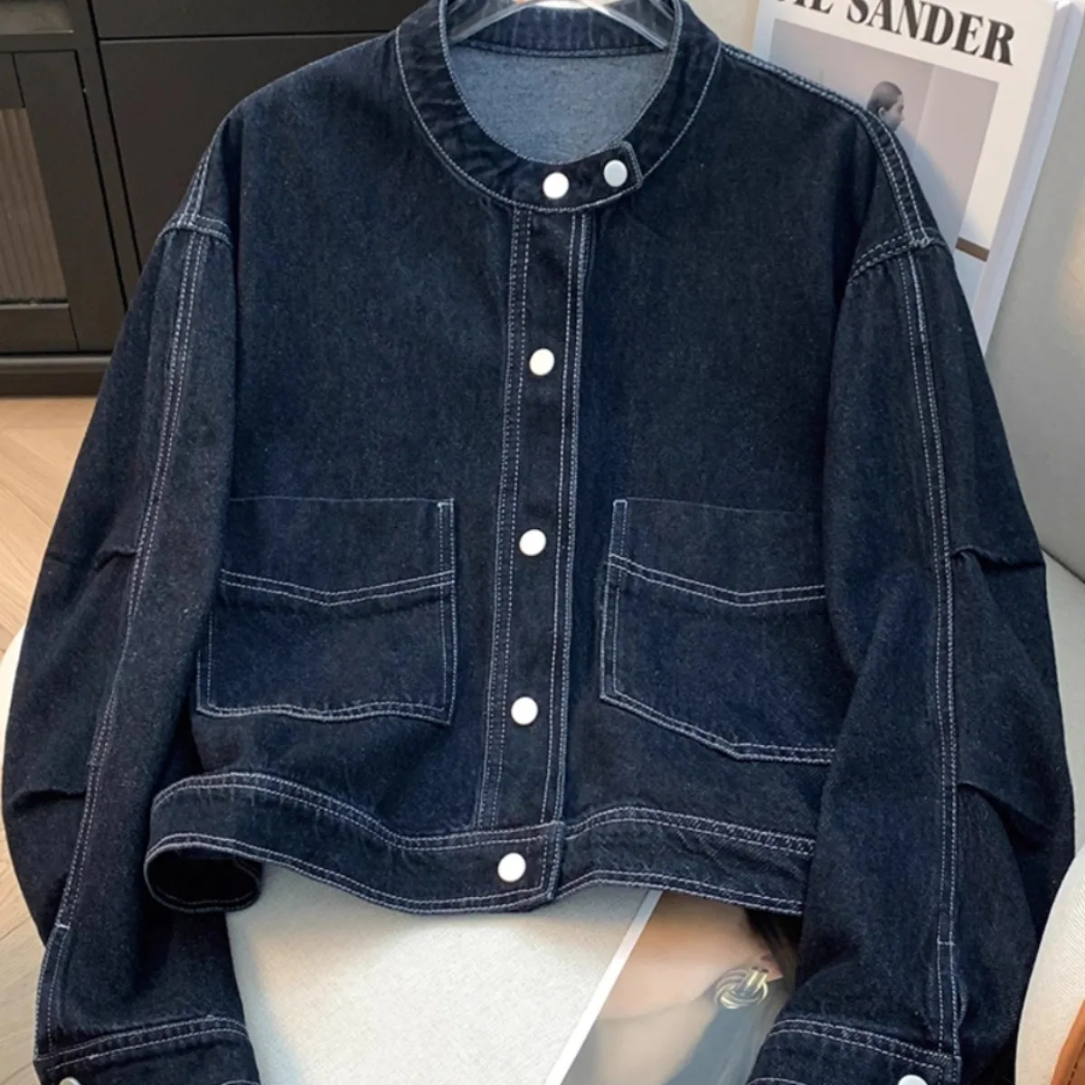 

Women's Short Style Round Neck Denim Jacket Spring Autumn New Korean Edition Retro Loose Luxury Single Breasted Jacket Blue Top
