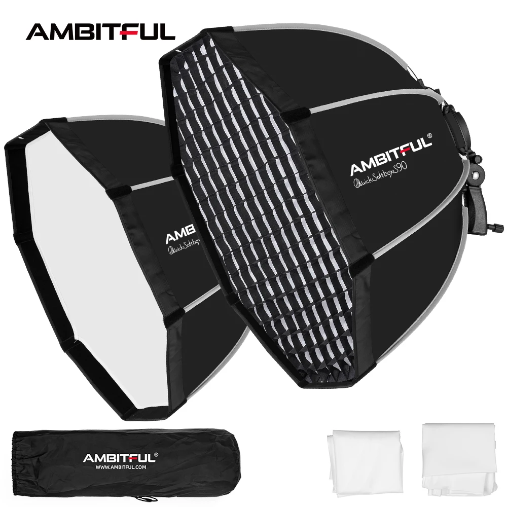 Ambitful 65cm 90cm Speedlite Boîte à lumière octogonale portable + grille nid d'abeille pour flash extérieur compatible Godox Yongnuo Sidande (Impossible d'utiliser GODOX V1)