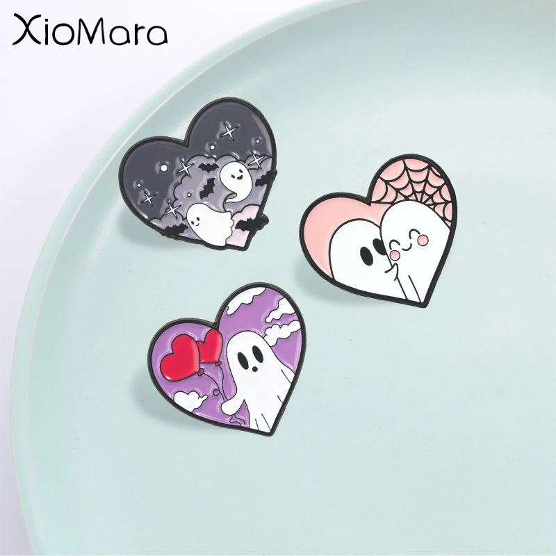 Cute Heart‑Shaped Ghost Enamel Pin,Cartoon Halloween Ghost Badge,Fashion Clothes Backpacks Accessory,Halloween Gift for Friends