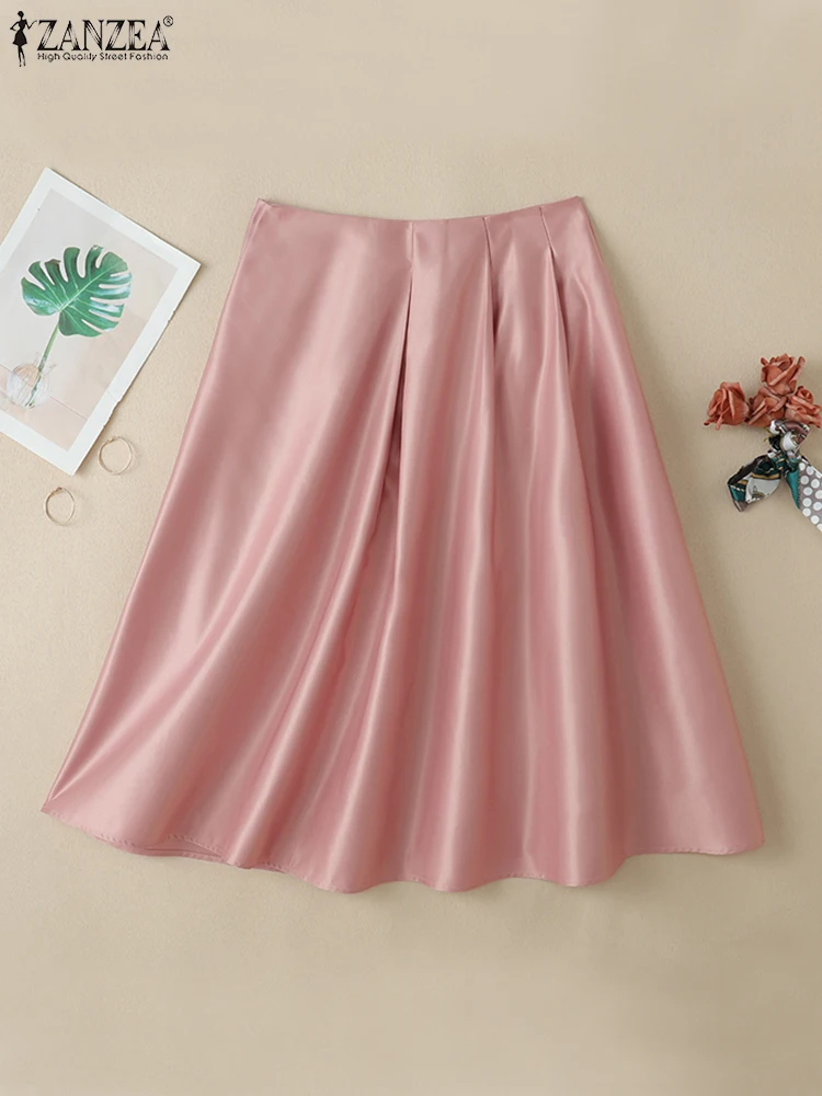 ZANZEA Fashion Women High Waist Solid Satin Skirts Summer Overskirts Elegant A-line OL Work Faldas Saia Casual Party Midi Skirt