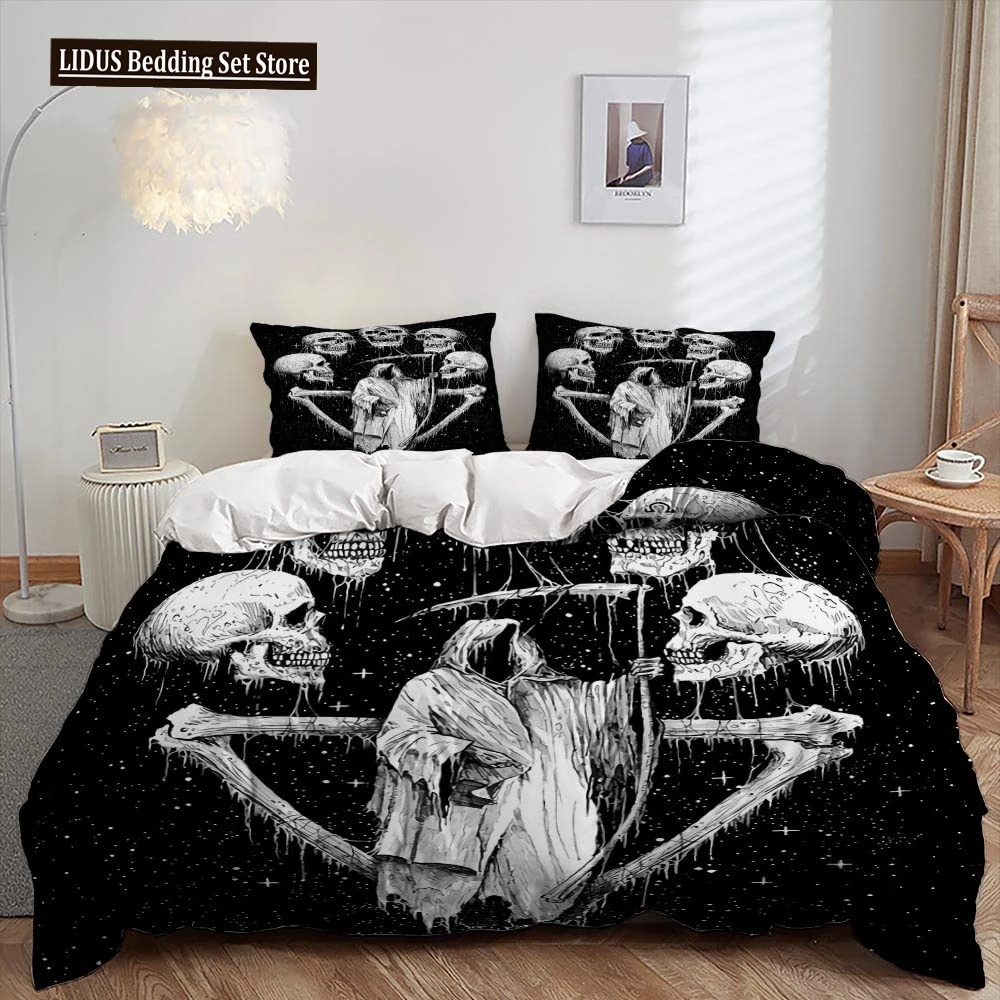 

3D Skull Duvet Cover Set, Gothic Skull Bedding Sets,Skull Skeleton Comforter Cover Full Queen Size,Halloween Horror Quilt Cover